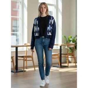 Women's H&M Divided Navy Argyle Cropped Cardigan Preppy Knit‎ Sweater Size XL